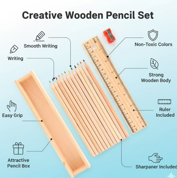 Colorful Wooden Pencil Set with Pencil box, Ruler, Sharpener (12 Pcs Set)